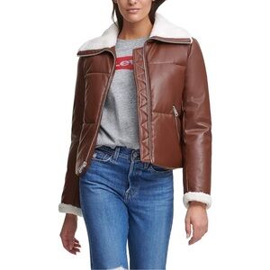 Levi's Women's Breanna Faux Leather Puffer Jacket with Sherpa Lined Collar